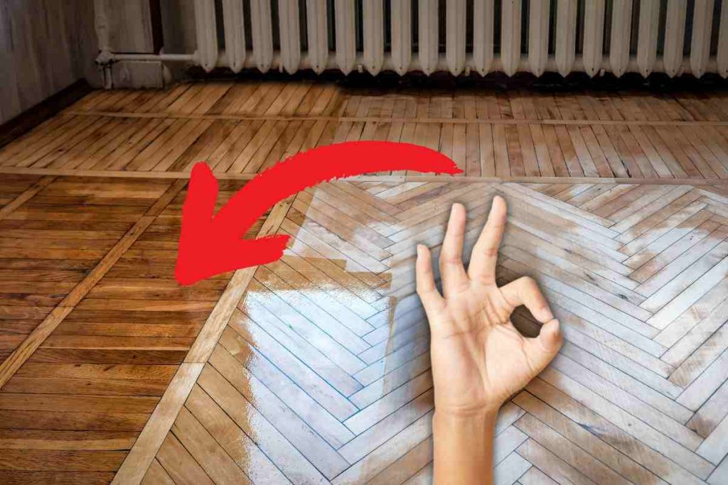 pavimento in parquet, mano ok e freccia rossa