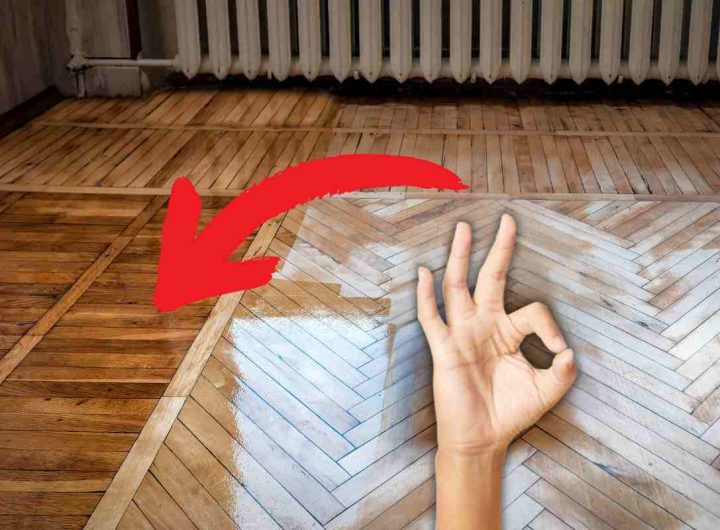 pavimento in parquet, mano ok e freccia rossa