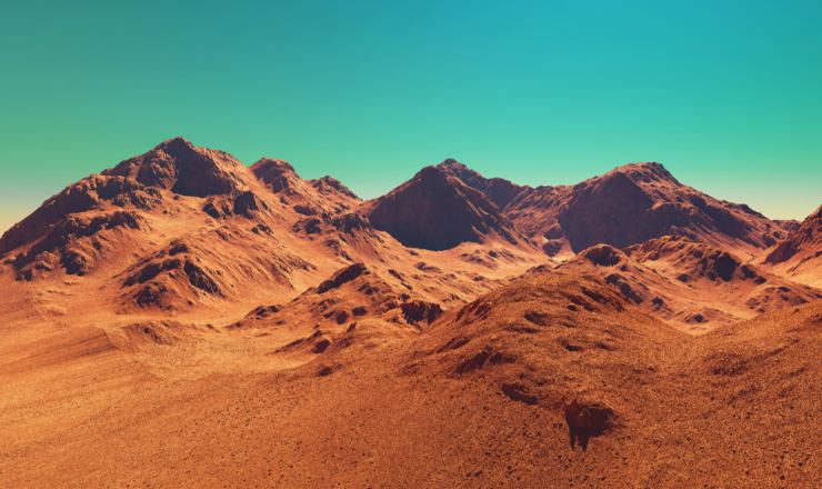 Mars landscape, 3d render of imaginary mars planet terrain, science fiction illustration.